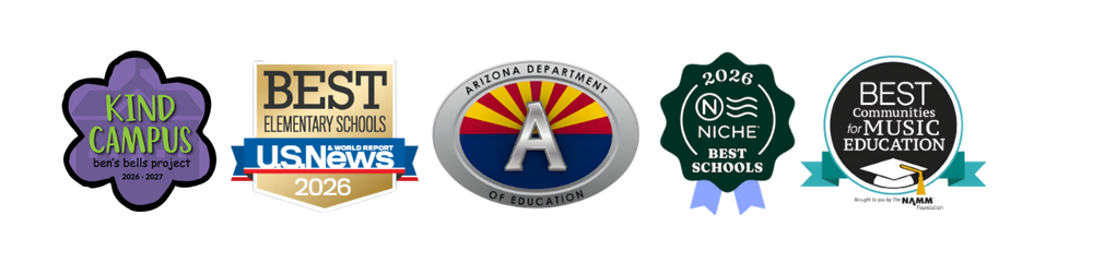 Award badges for Kind Campus, Best Elementary Schools, AZDOE A Schools, 2026 Niche Best Schools, and Best Communities for Music Education